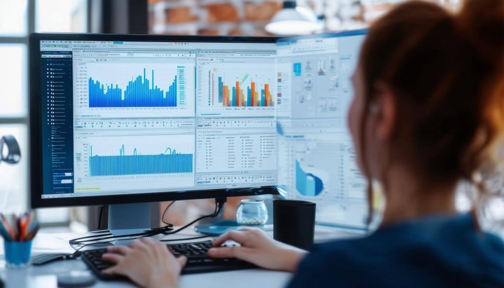An image of a person working on a computer screen with multiple tabs open, looking at graphs and data analytics tools.